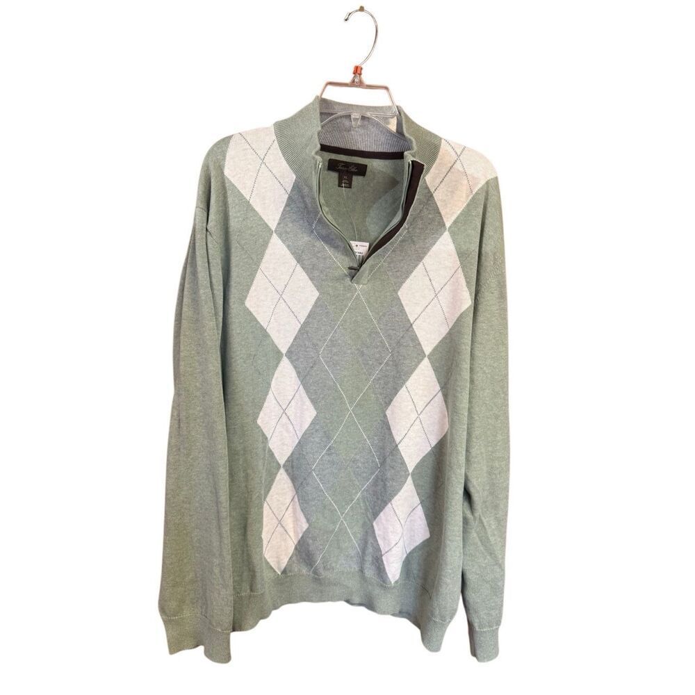 Tasso Elba men's argyle quarter-zip sweater Sz XL Green/Gray NWT